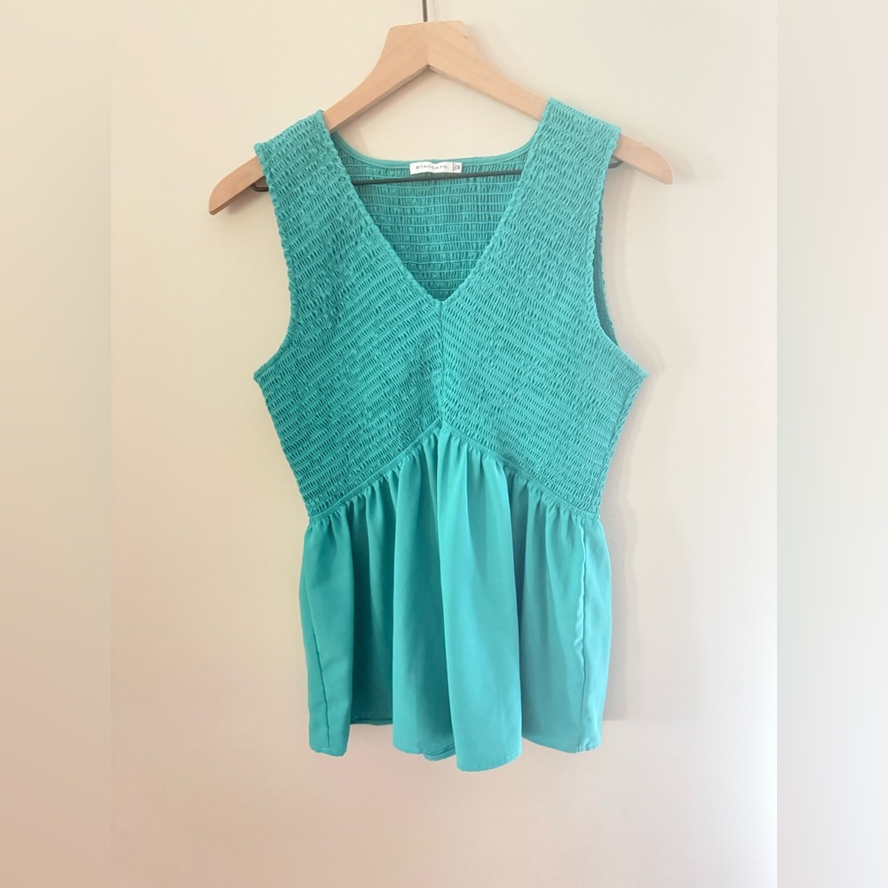 Staccato Teal Sleeveless Smocked Peplum Top
